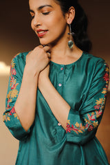 Juhi Teal Green Kurta With Crewel Embroidered Sleeves