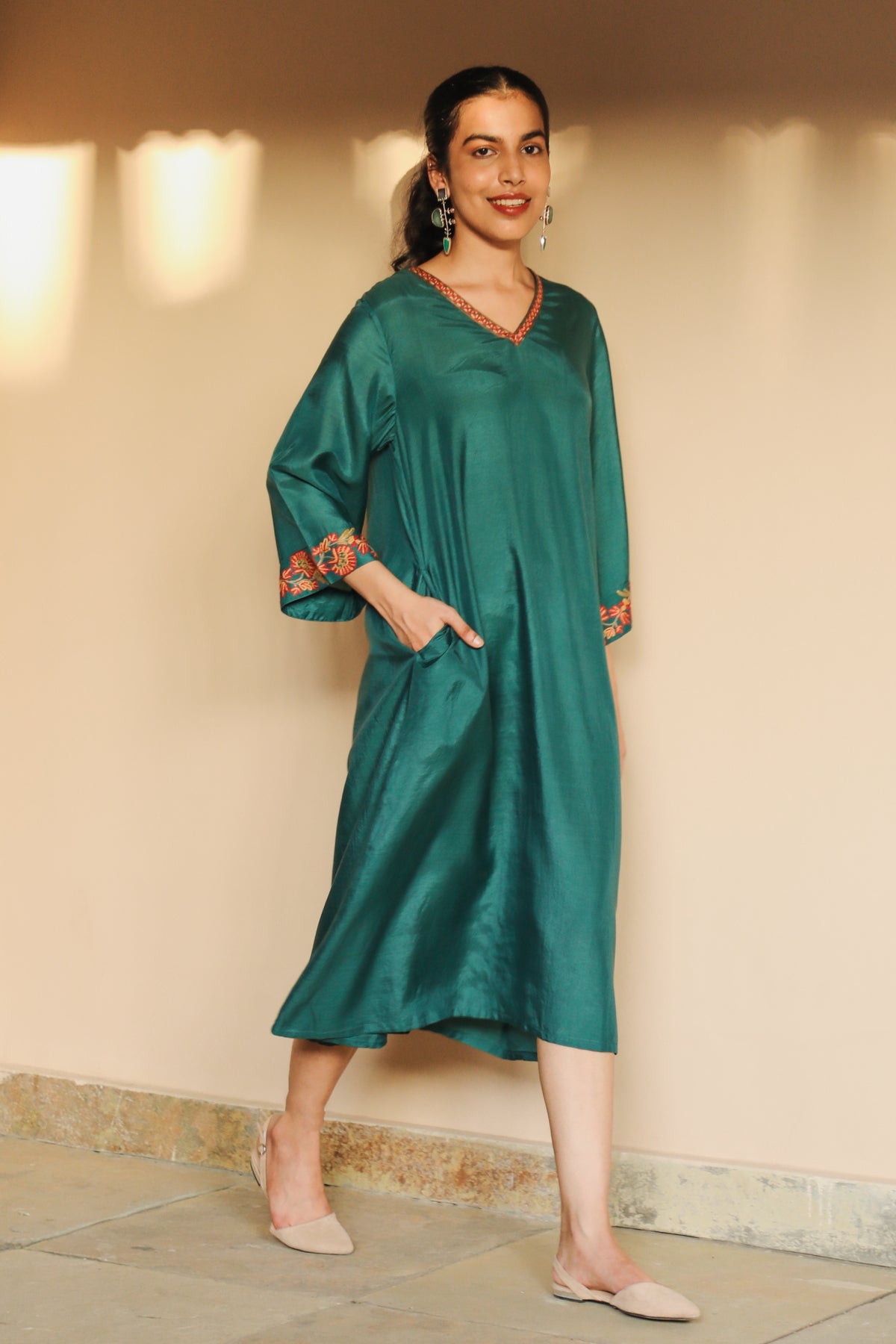 Juhi Teal Green Dress Cum Kurta With Crewel Embroidery