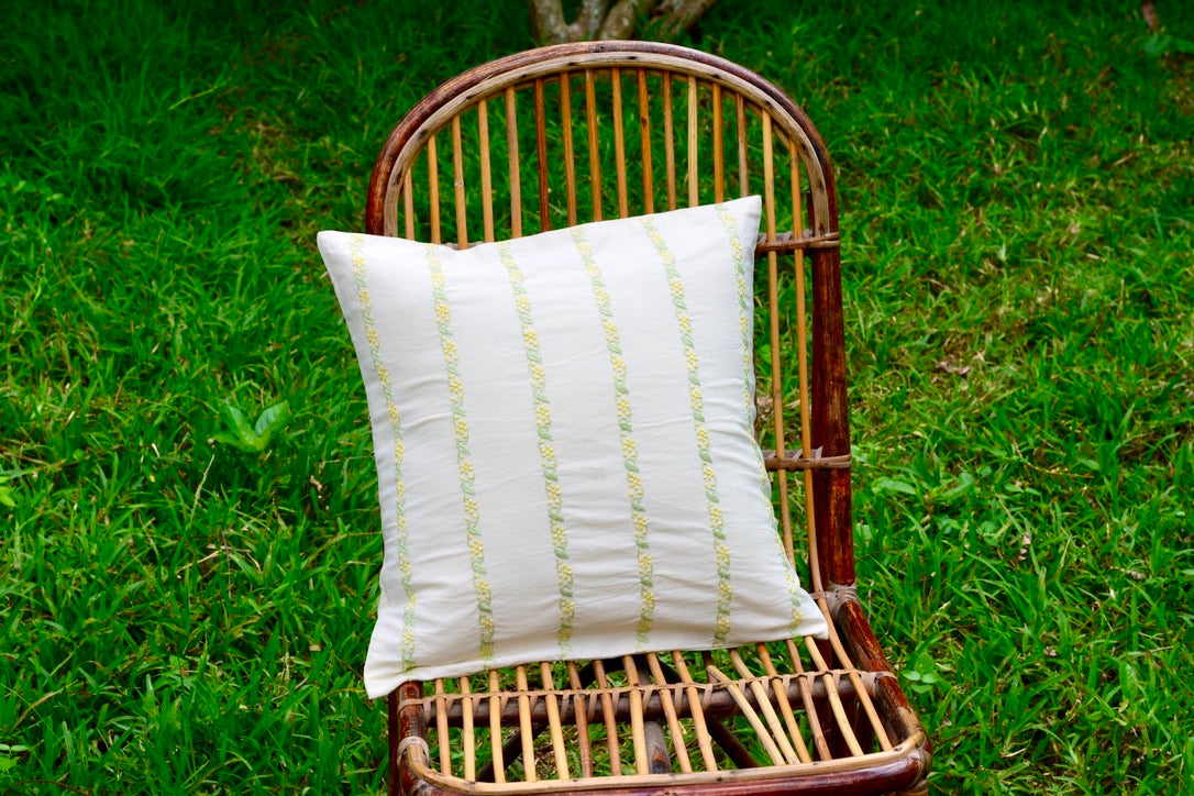 Bageecha Mint Green & Lemon Chikankari Stripe Cushion Cover (16X16 inch)