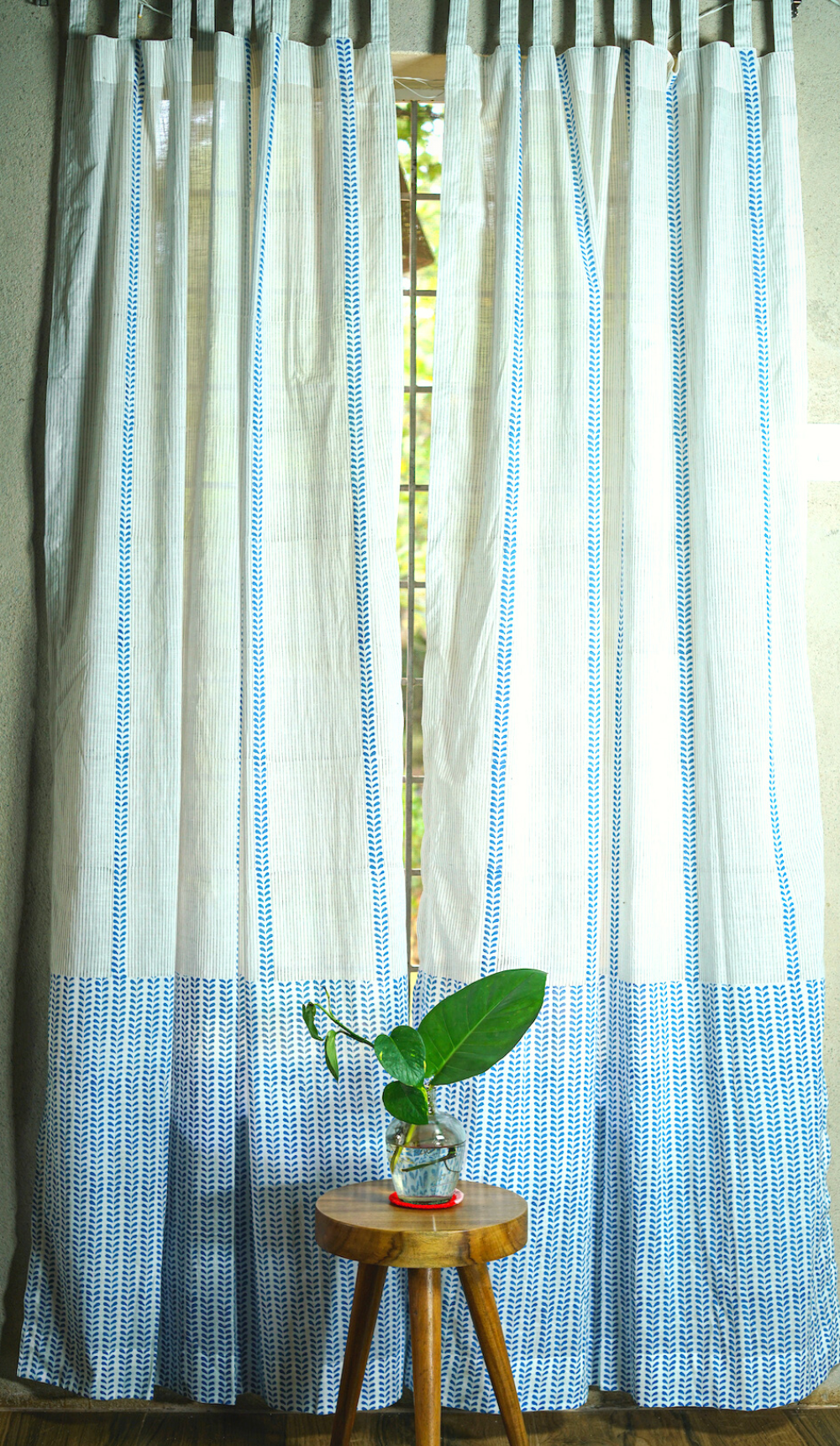 Blue Striped Block Printed Curtain