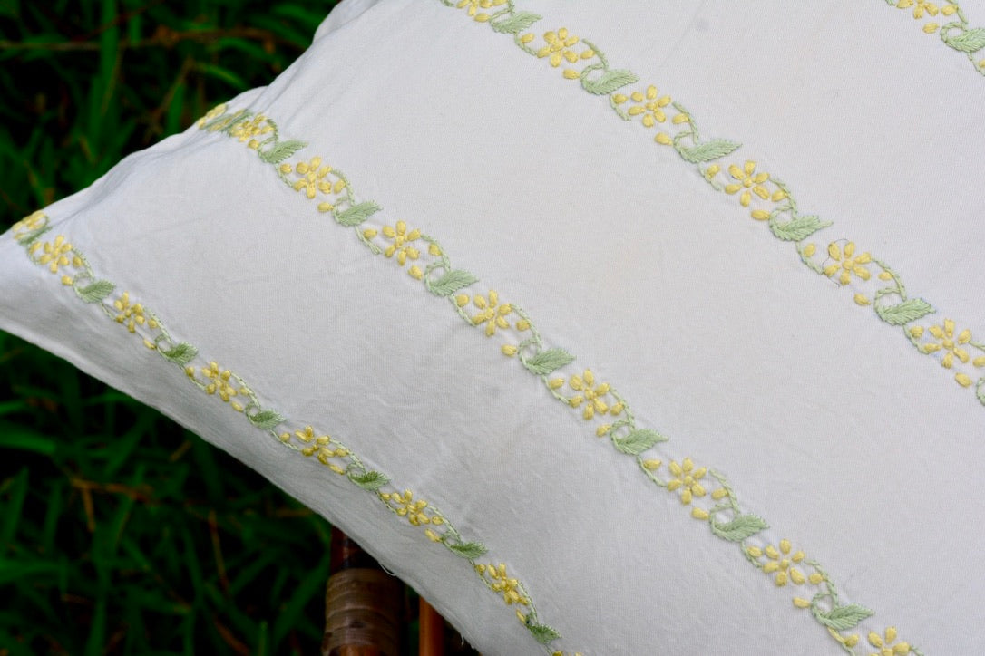 Bageecha Mint Green & Lemon Chikankari Stripe Cushion Cover (16X16 inch)