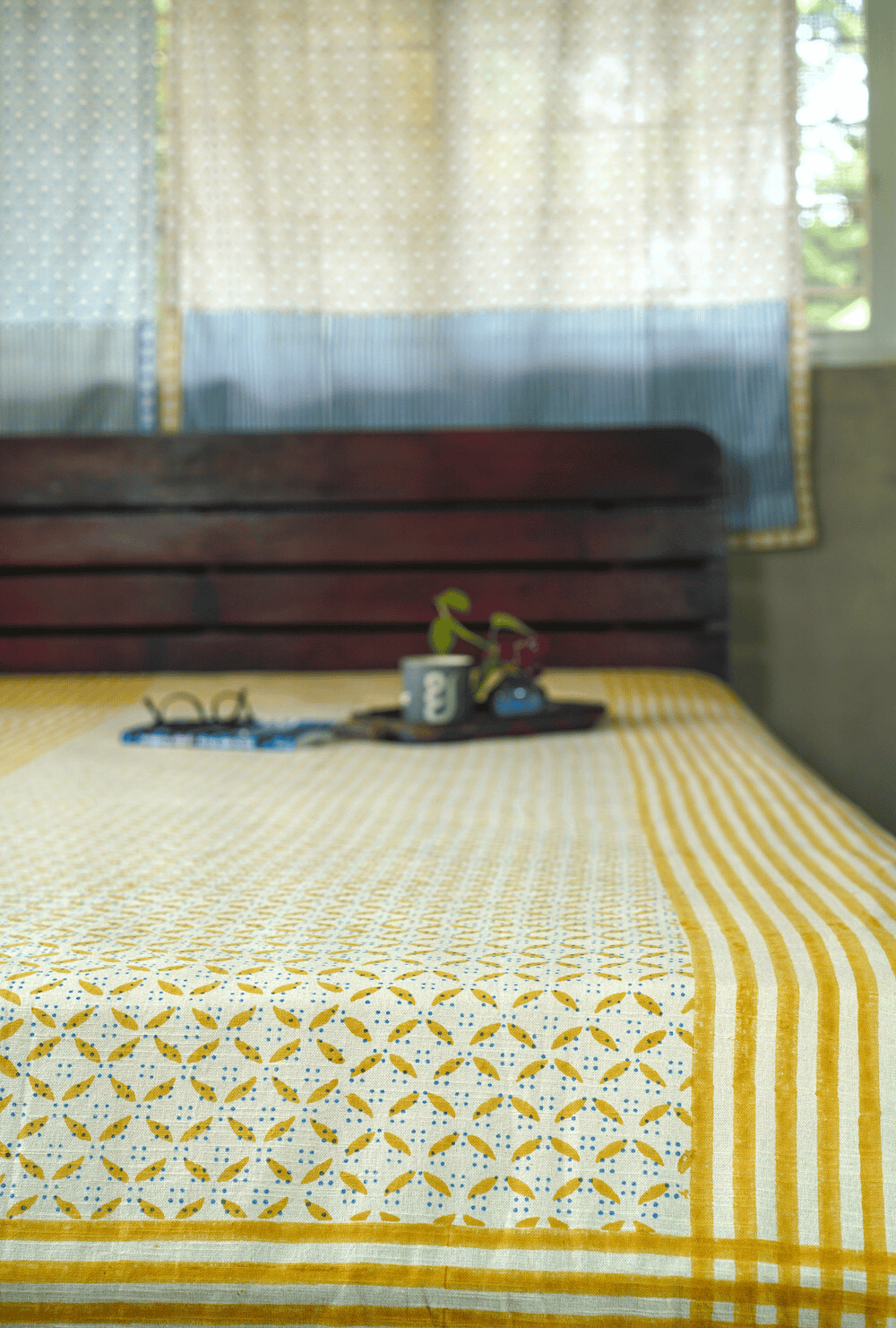 Prakruti Yellow Blockprinted Single Bed Cover