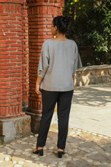 Zahrun Grey Top With Embroidered Sleeves