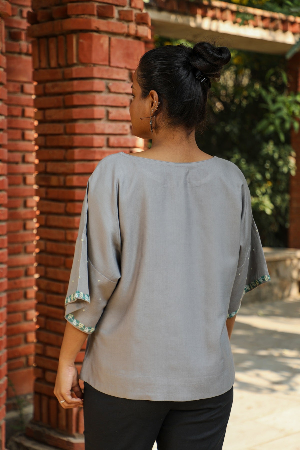 Zahrun Grey Top With Embroidered Sleeves