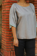 Zahrun Grey Top With Embroidered Sleeves