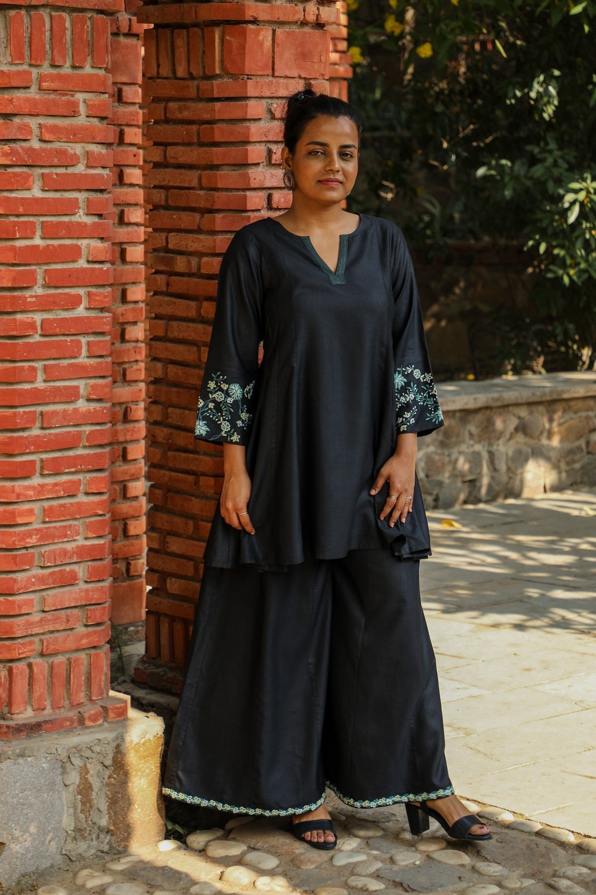 Zahrun Black Tunic With Hand Embroidered Sleeves