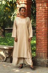 Zahrun Beige Kurta With Hand Embroidered Shoulder Detail