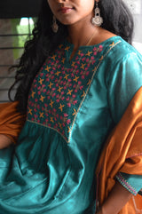 Teal blue chanderi festive kurta