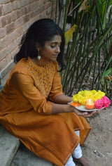 Tara Mustard Embroidered Yoke Kurta