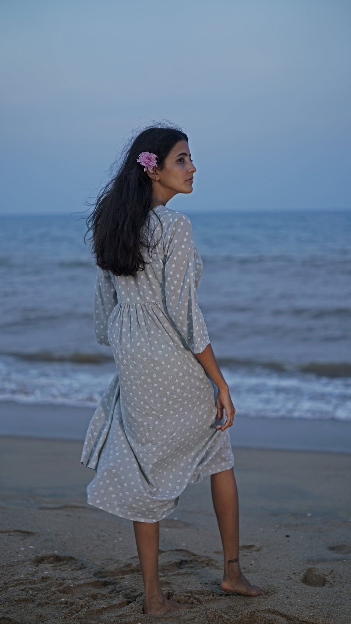 RAAHI Grey Bandhej Dress With Front Button Down.