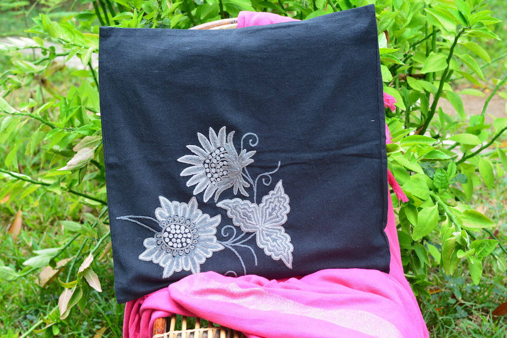 Black Kashmiri Hand Embroiderered Floral Cushion Cover