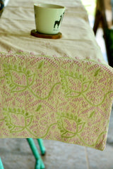 Bageecha Pink & Green Chikankari Jal & Butti Table Runner