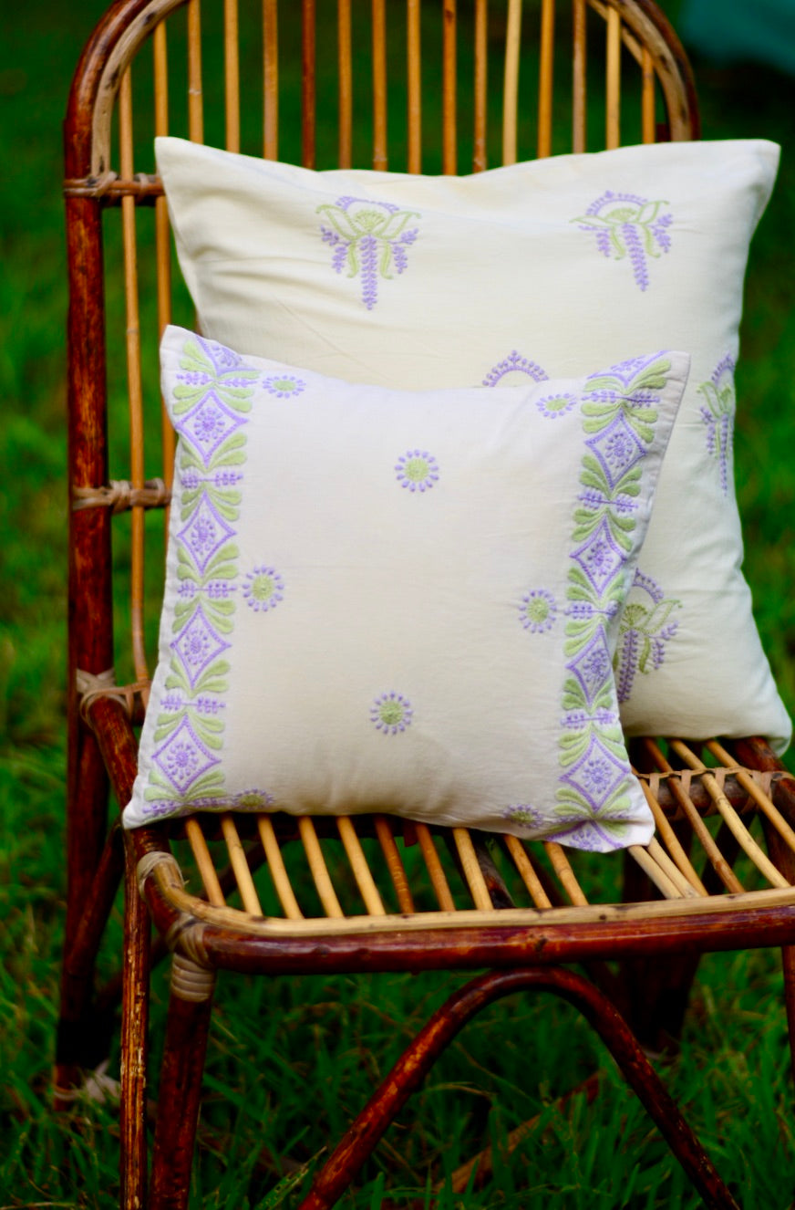 Bageecha Lavender & Green Chikankari Border Cushion Cover (Small)