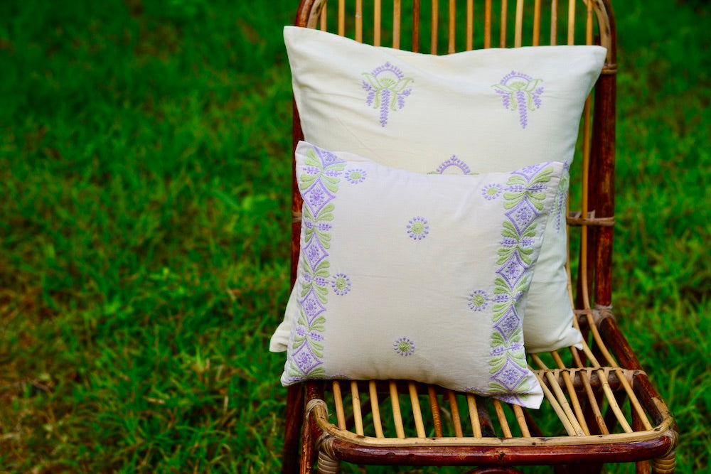 Bageecha Lavender & Green Chikankari Border Cushion Cover (Small)