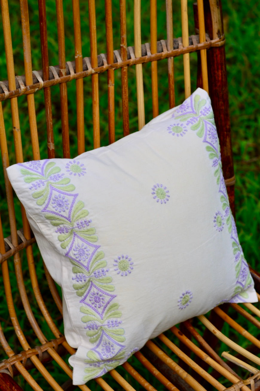 Bageecha Lavender & Green Chikankari Border Cushion Cover (Small)