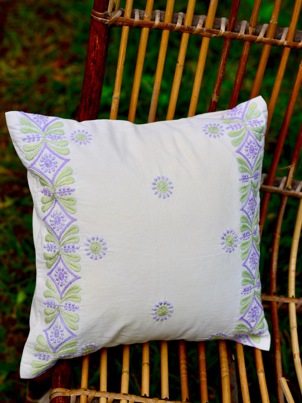 Bageecha Cushion Cover with Chikankari Border