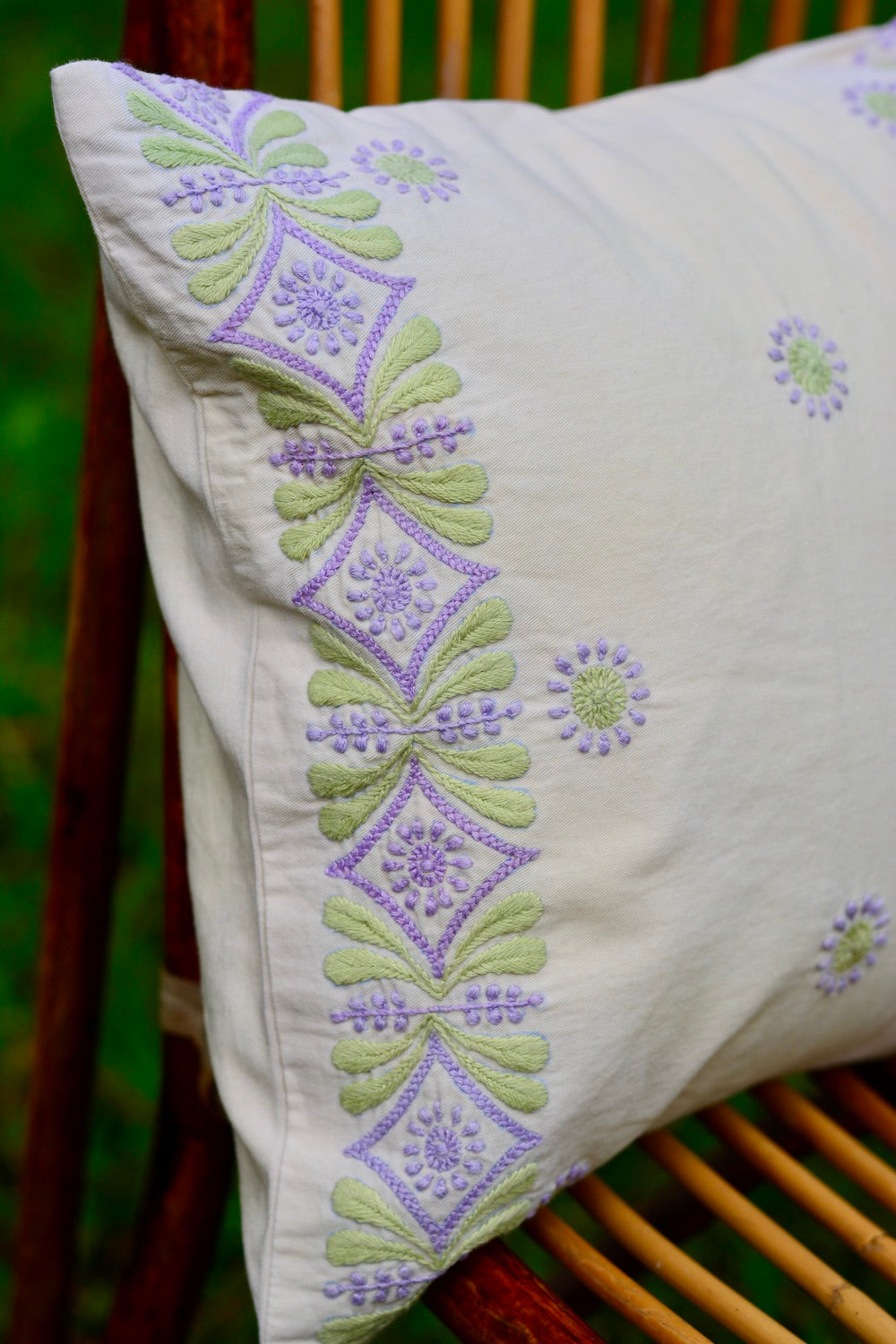 Bageecha Lavender & Green Chikankari Border Cushion Cover (Small)