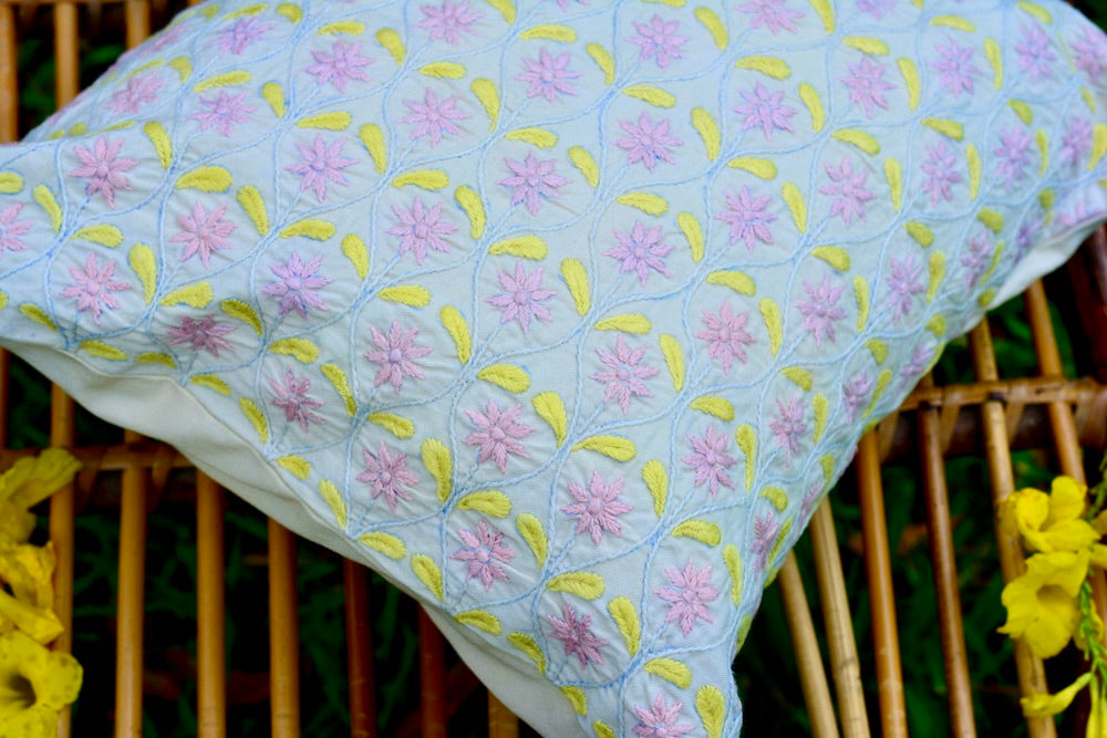 Bageecha Pink & Lemon Chikankari Ogee Cushion Cover (Small)