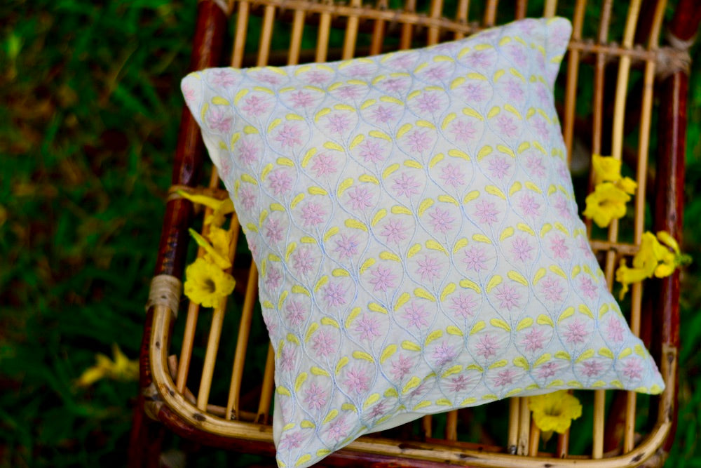Bageecha Pink & Lemon Chikankari Ogee Cushion Cover (Small)