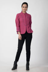 Pink Kantha Mandarin Collar Jacket