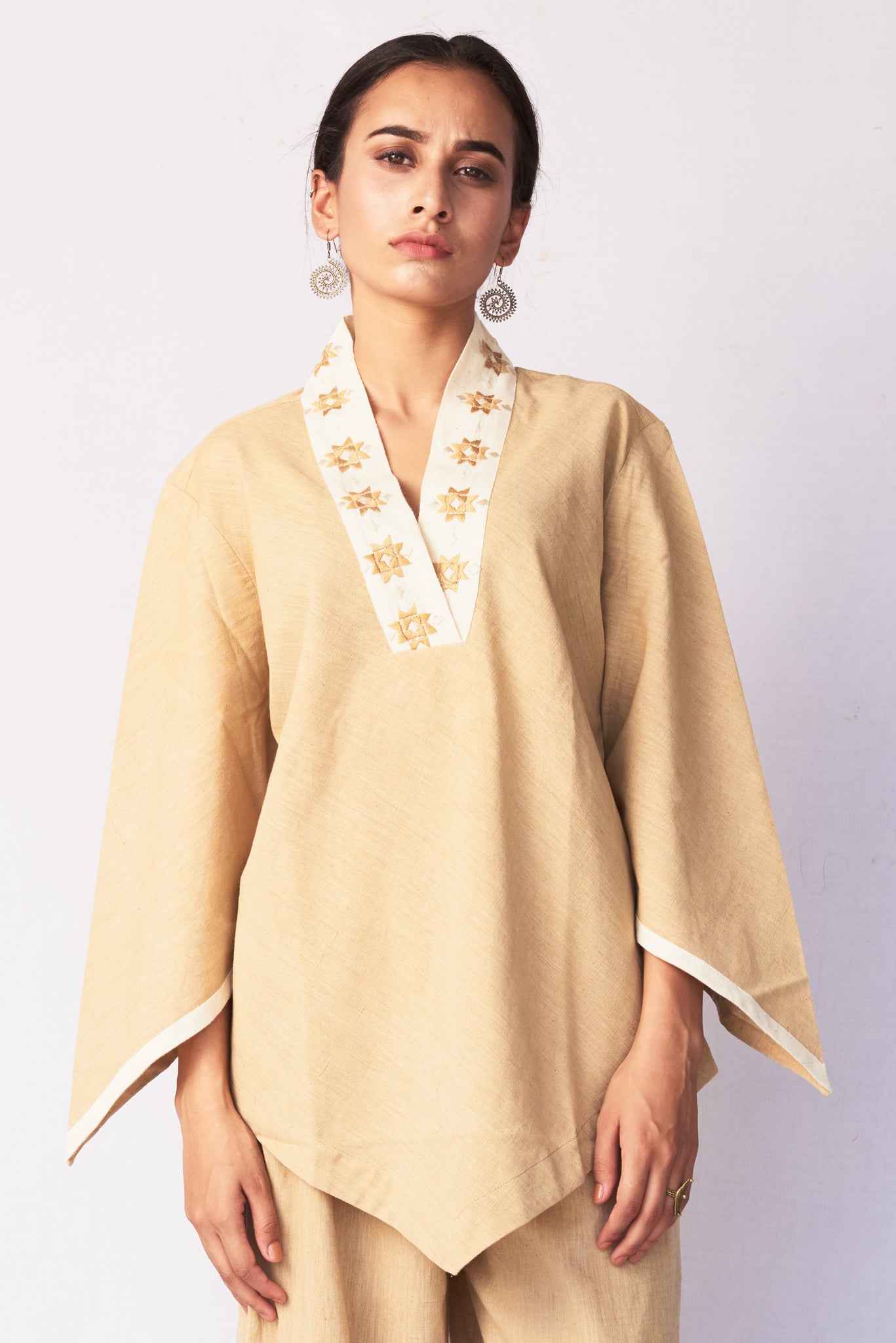 Beige Hand Embroidered Woven Top
