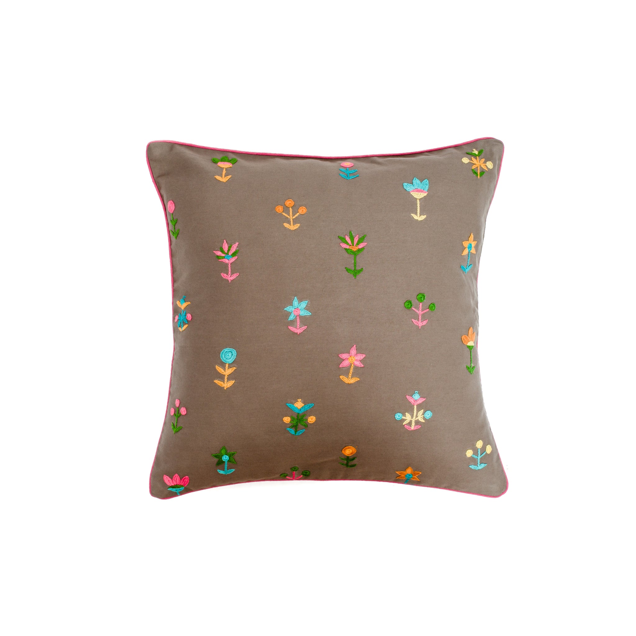 Grey Cotton  Cushion Cover with Colourful Floral Motif