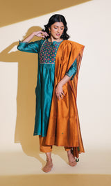 Tara Teal Embroidered Yoke Kurta With Gathers