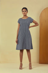 Maya Navy Handwoven A-Line Dress