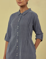 Maya Navy Handwoven Striped Shirt Dress