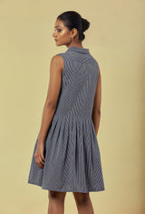 Maya Navy Handwoven Striped Pleated Dress