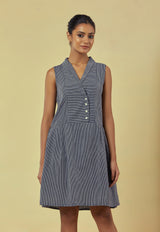 Maya Navy Handwoven Striped Pleated Dress