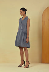 Maya Navy Handwoven Striped Pleated Dress