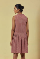 Maya Maroon Handwoven Striped Pleated Dress