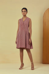 Maya Maroon Handwoven Striped Pleated Dress