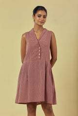 Maya Maroon Handwoven Striped Pleated Dress