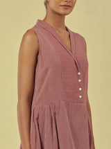 Maya Maroon Handwoven Striped Pleated Dress