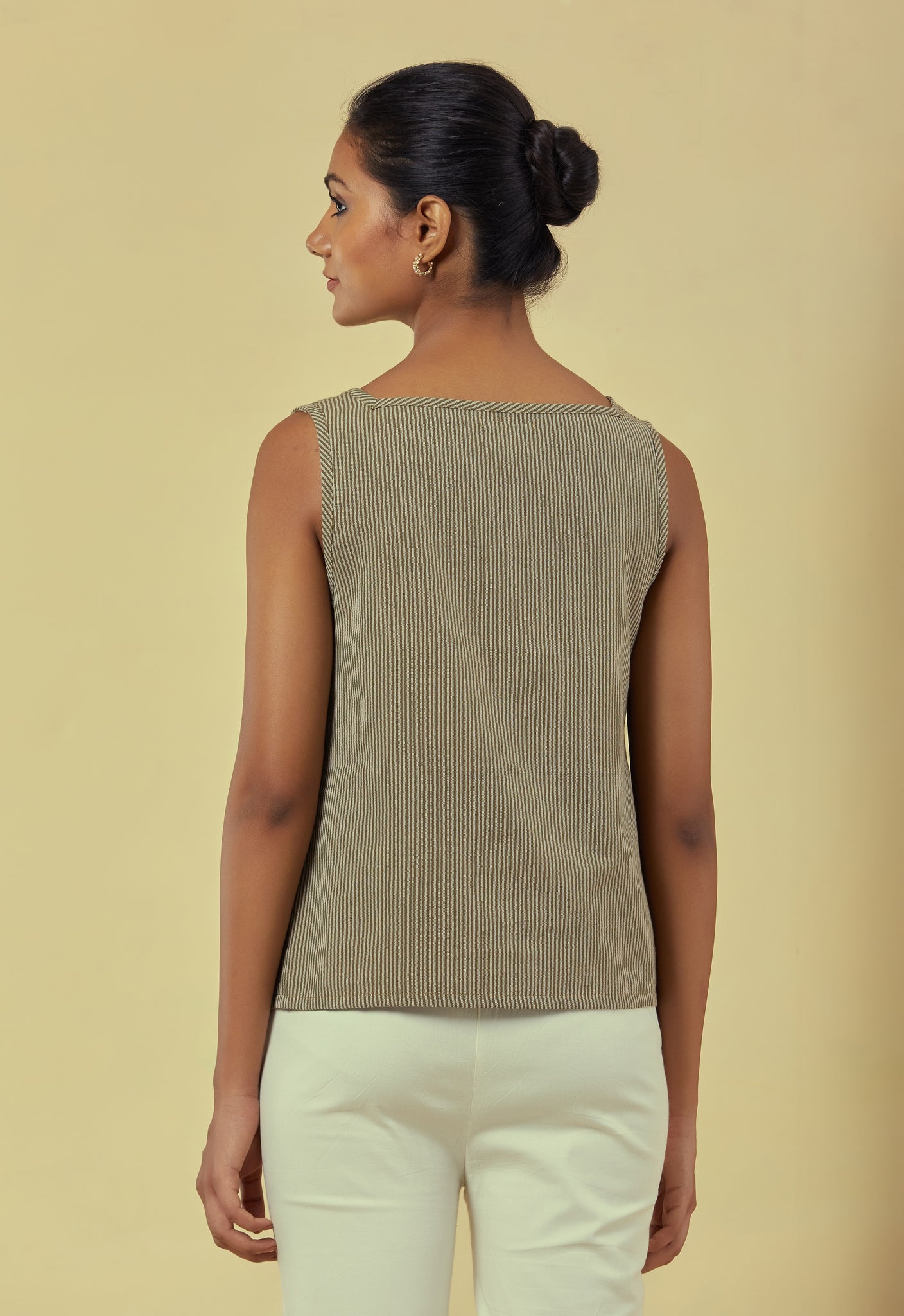 Maya Olive Green A-line Handwoven Striped Top