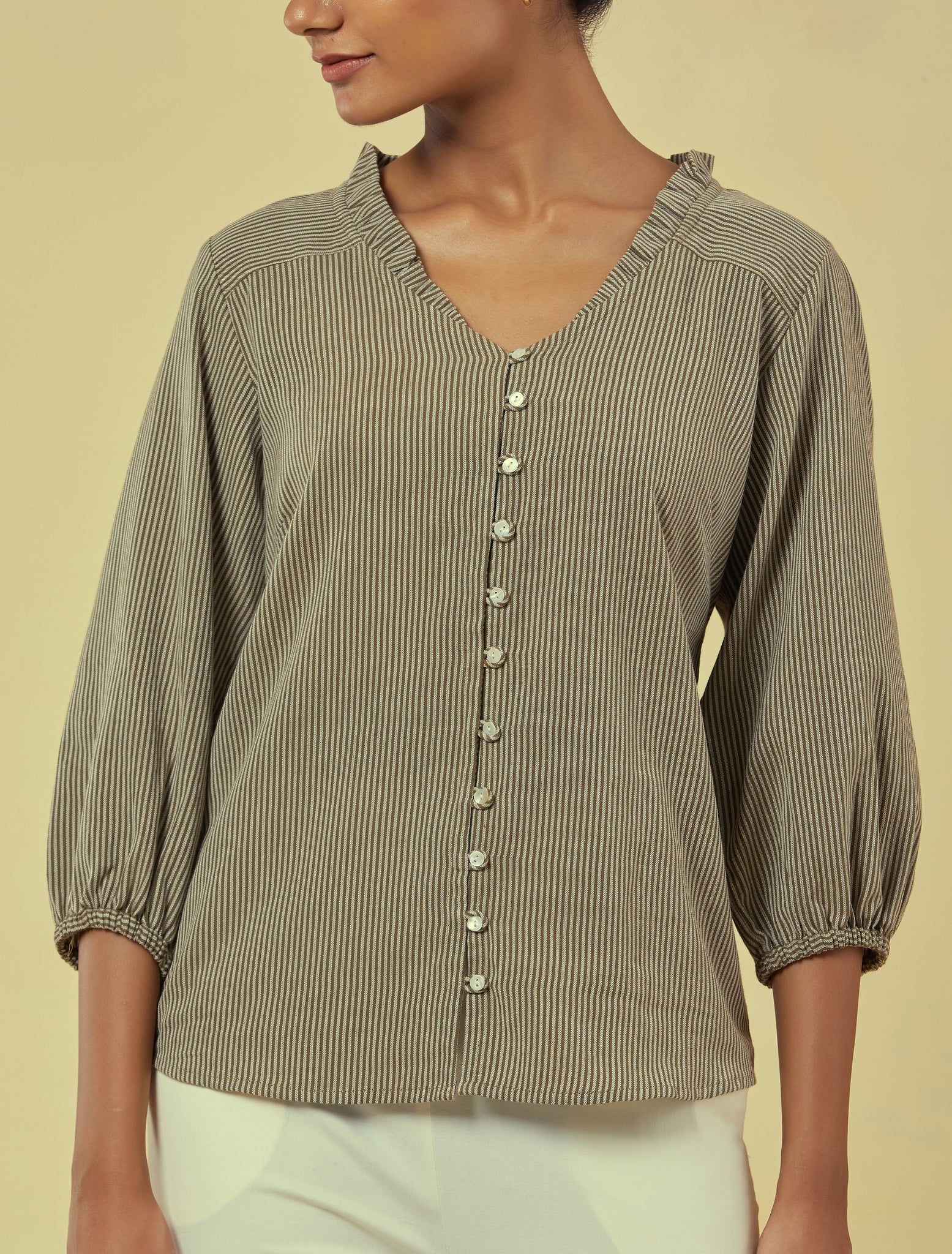 Maya Olive Green Handwoven Striped Top