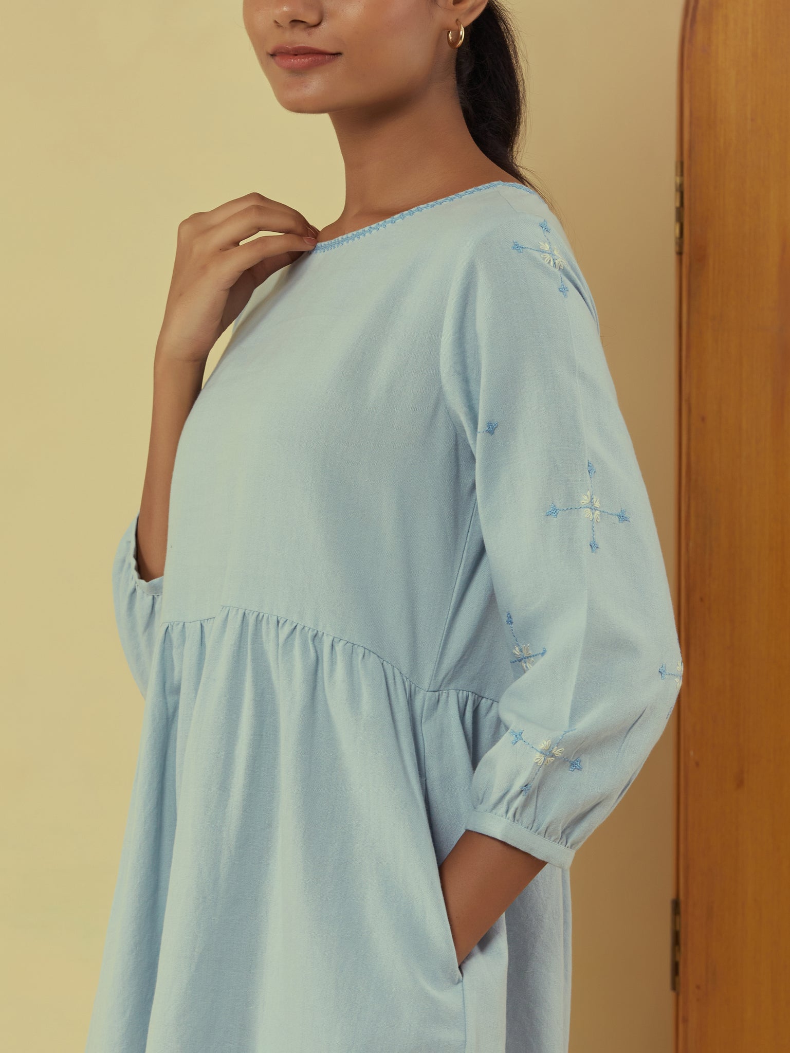 Liana Powder Blue Knee Length Dress With Hand Embroidery