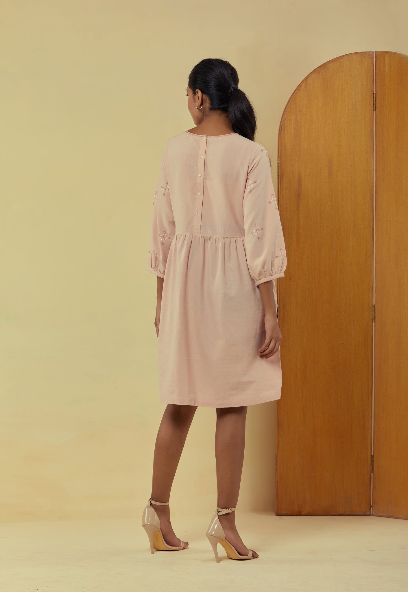 Liana Mud Pink Knee Length Dress With Hand Embroidery