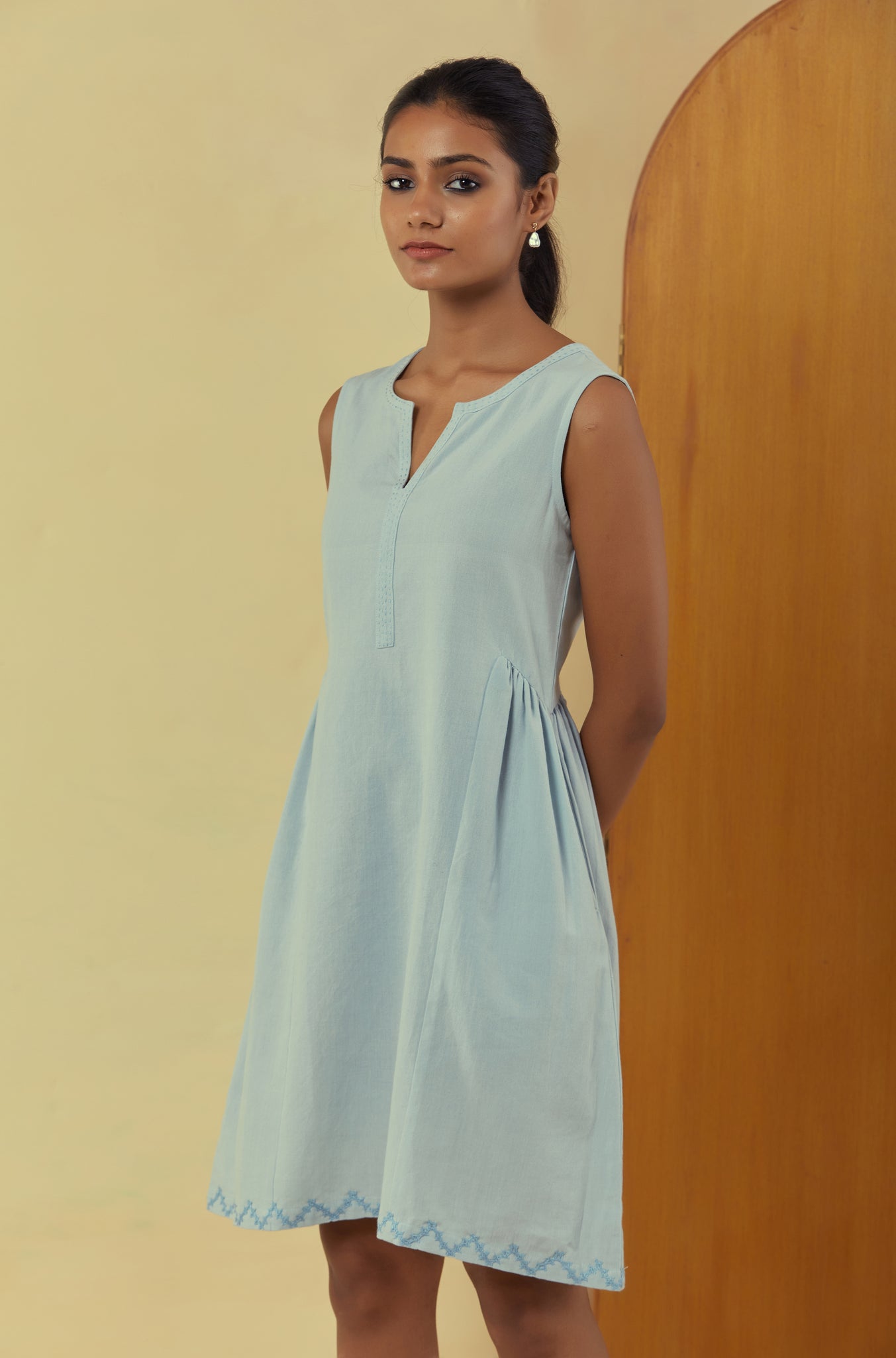 Liana Powder Blue Hand Embroidered  Sleeveless Dress