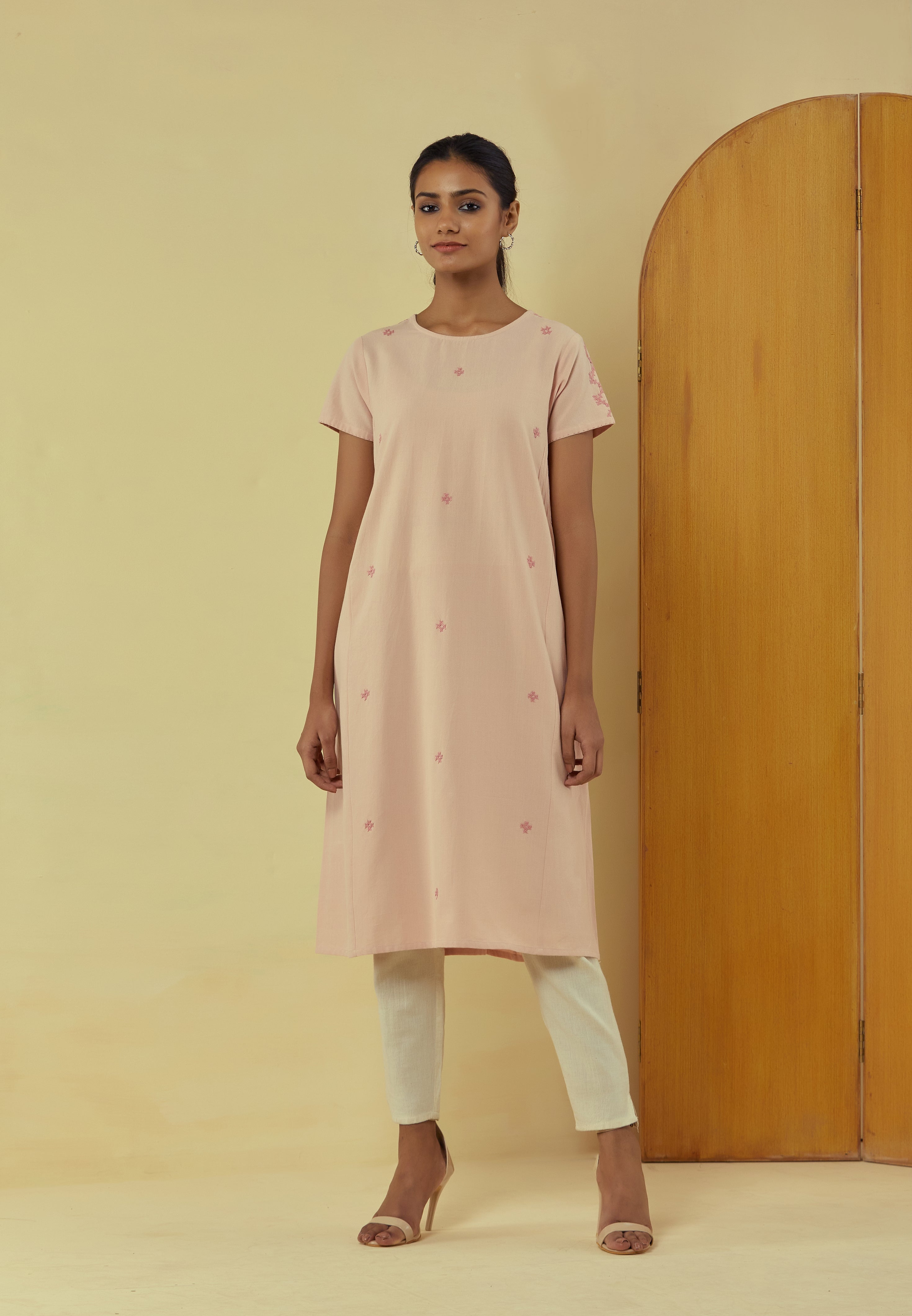 Liana Mud Pink Kurta Cum Dress With Hand Embroidery