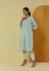 Liana Powder Blue Classic Kurta With Hand Embroidery