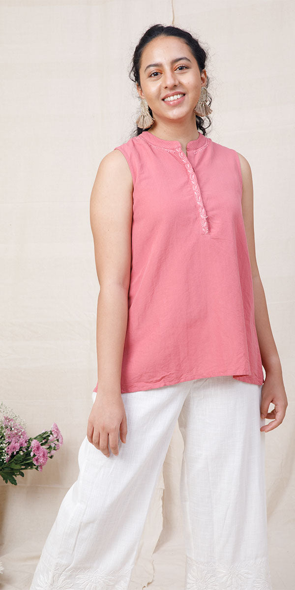 Rangeeli Pink Sleeveless Top With Mandarin Collar