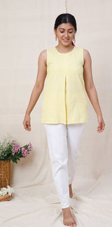 Rangeeli Yellow Sleeveless Top With Box Pleat Detailing