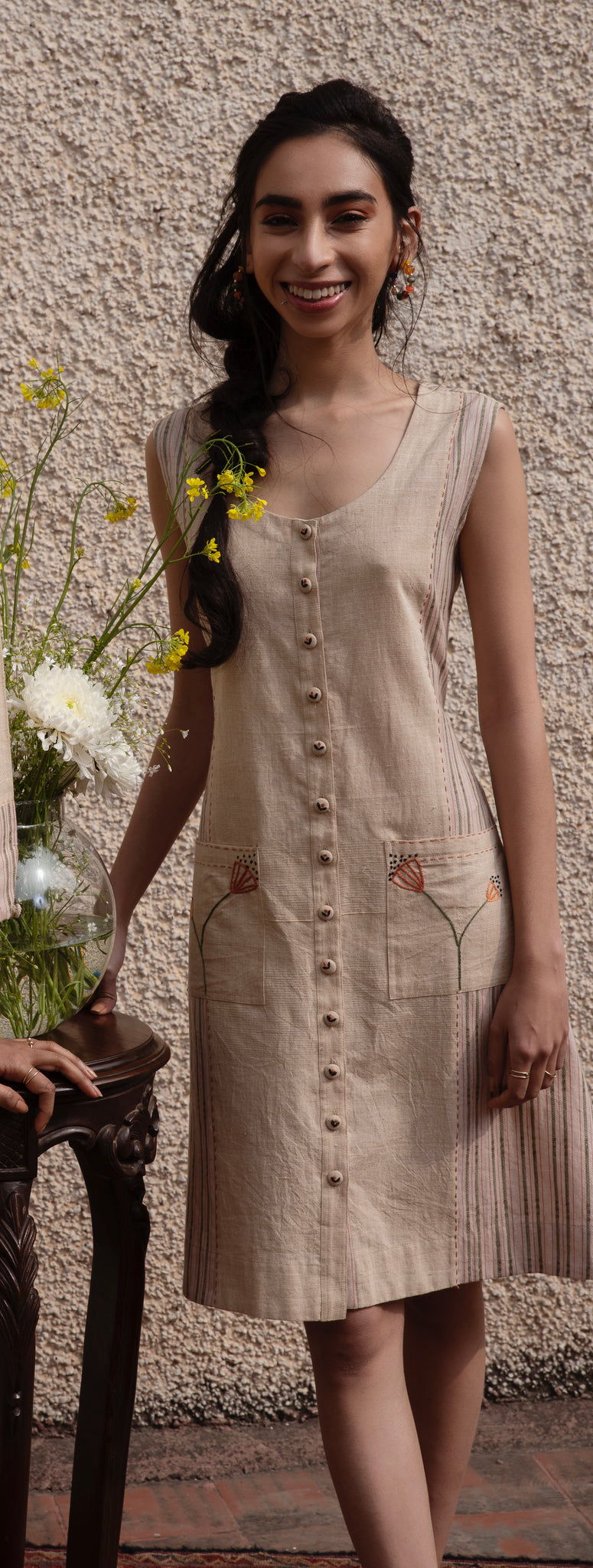 Rohida Beige and Dobby Stripe Panel Front Placket Dress