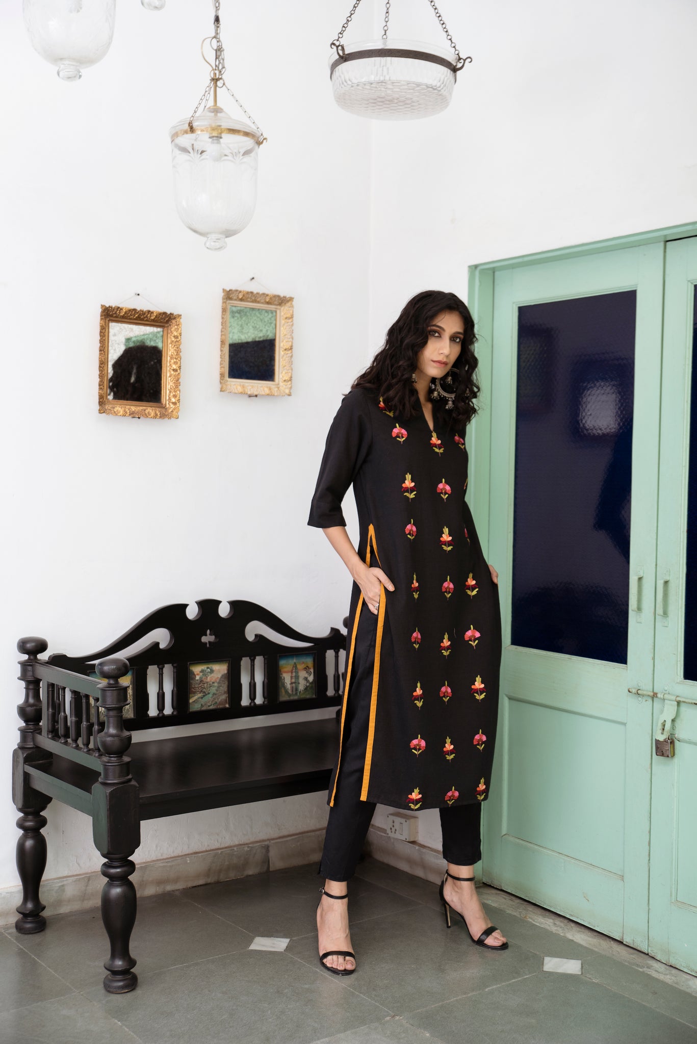 Black Kashmiri Embroidered Woven Long Kurta