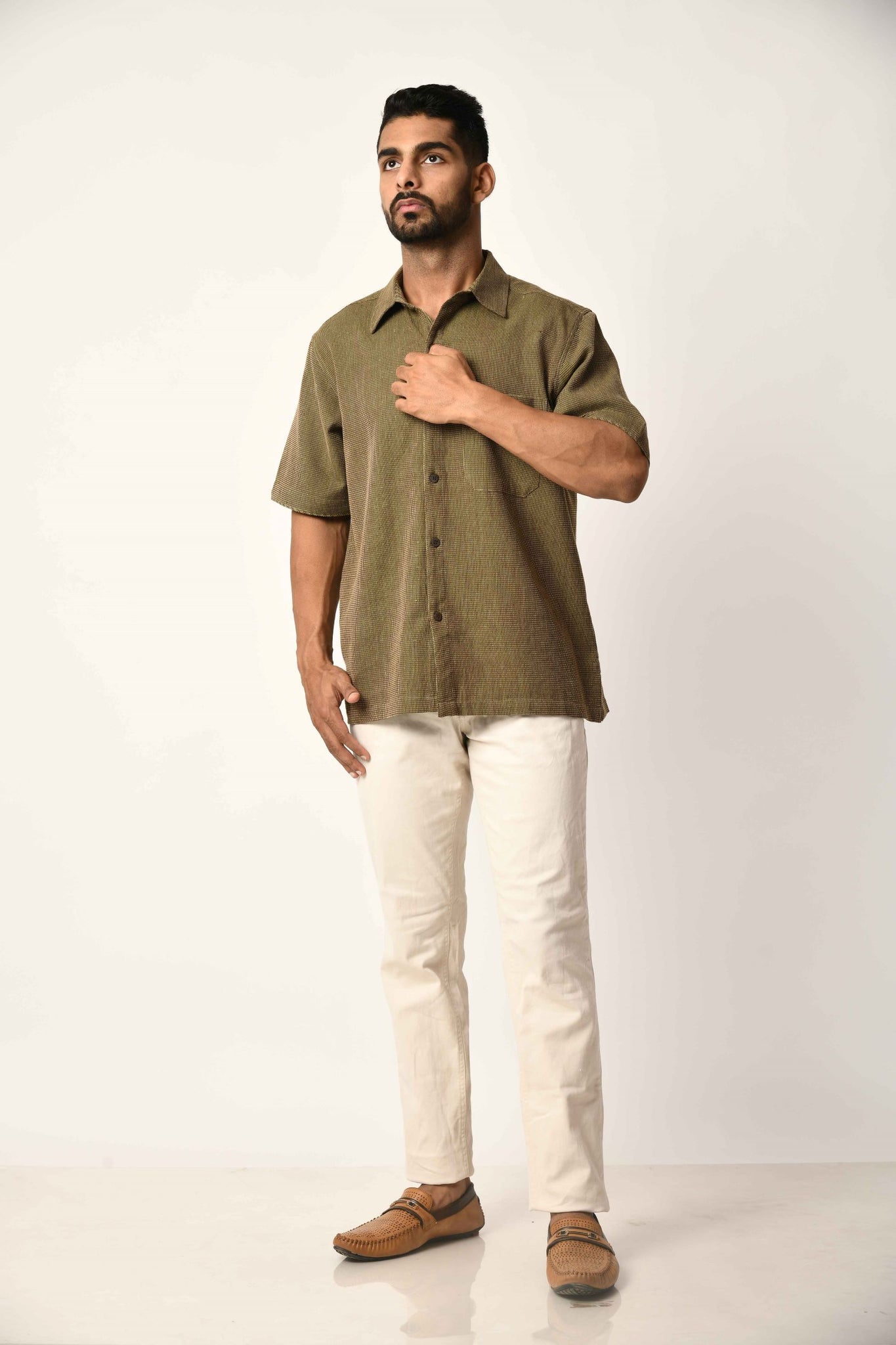 Hirav Green Handwoven Dobby Stripe Cotton Half Sleeve Shirt