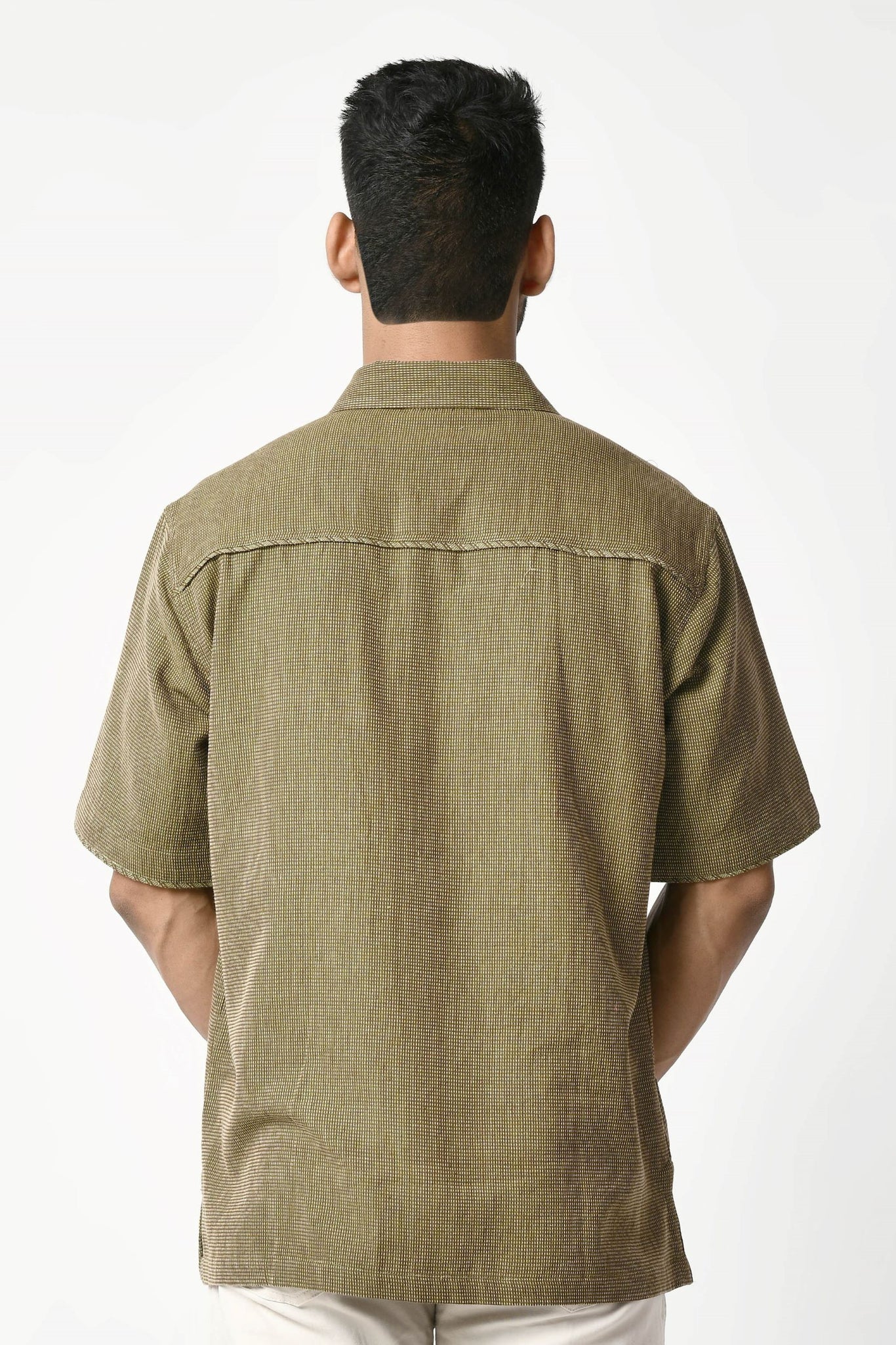 Green Handwoven Dobby Stripe Cotton Half Sleeve Shirt