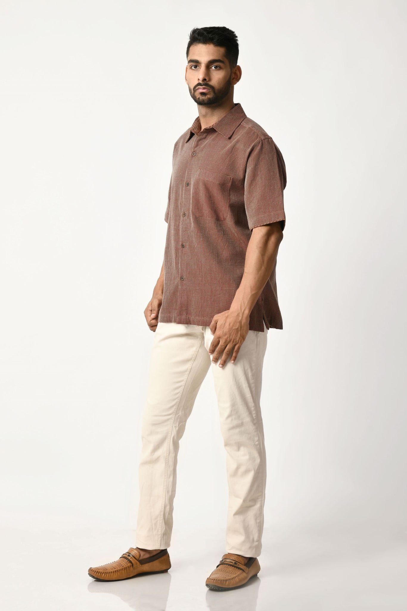 Hirav Maroon Handwoven Dobby Stripe Cotton Half Sleeve Shirt
